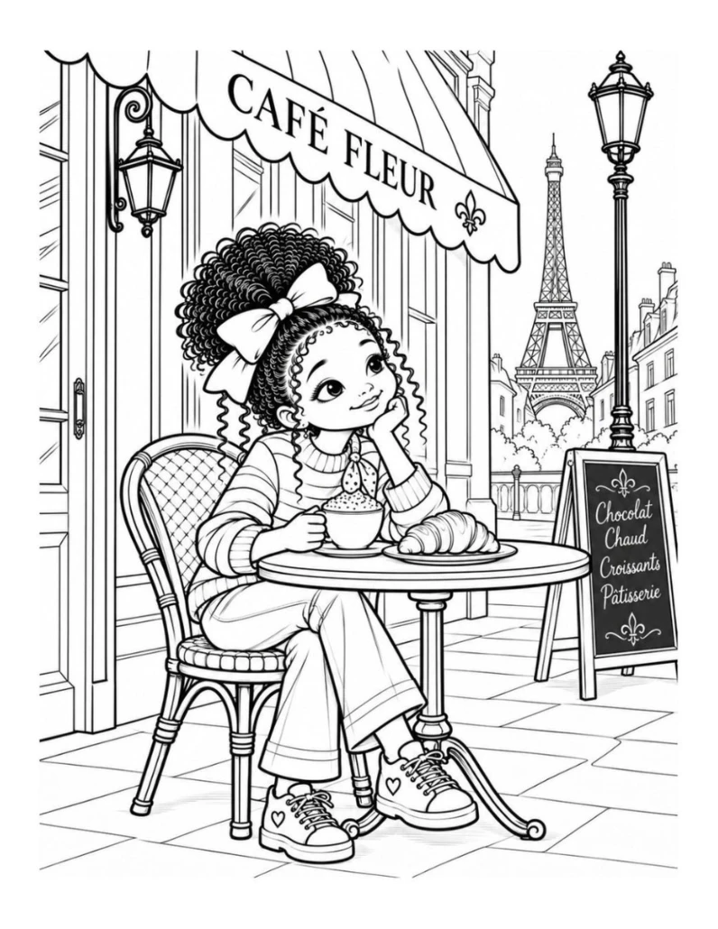 Actual interior coloring page of Josie at Café Fleur, with the Eiffel Tower in the distance