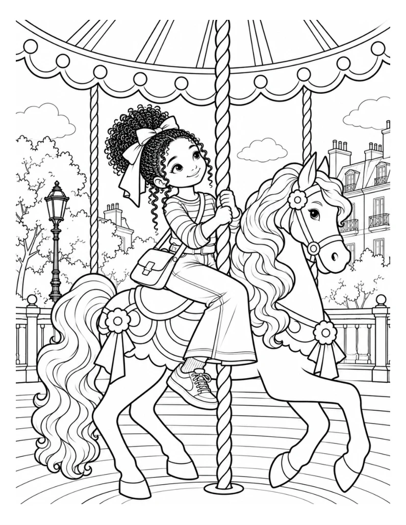 Actual interior coloring page of Josie riding a horse on a Parisian carousel