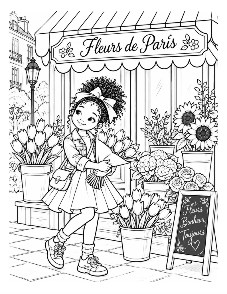 Actual interior coloring page of Josie holding a bouquet outside a Paris flower shop