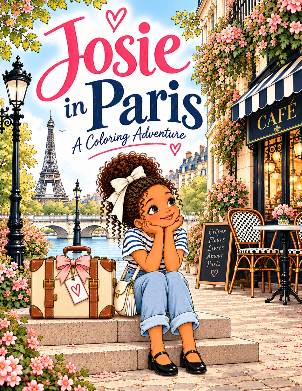 Front cover of Josie in Paris: A Coloring Adventure, showing Josie sitting outside a Parisian café